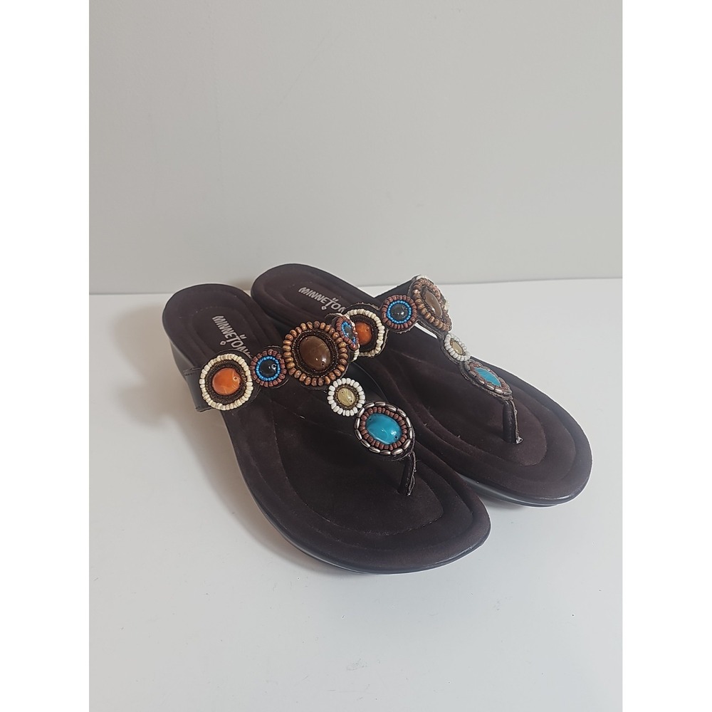 Minnetonka Womens "Size 9" Boca Thong Sandals Brown 70212 Southwestern Turquoise